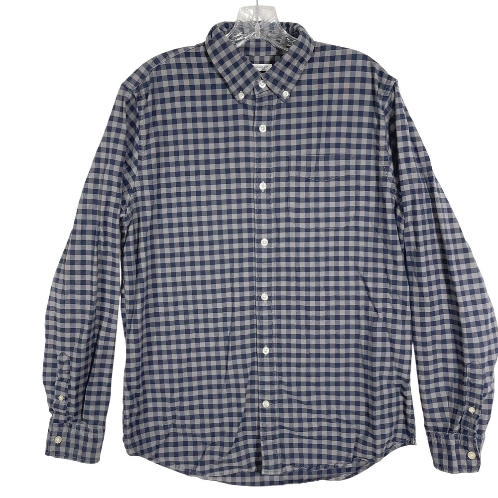 Gap Button Down Shirt Mens Medium Blue Grey Gingham Standard Fit Long Sleeve